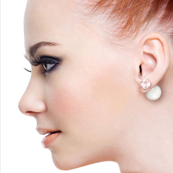 14K. SOLID GOLD TRIBAL DOUBLE SHELL PEARLS AND OPALS STUD EARRINGS (Rose Gold) - Picture 3 of 6